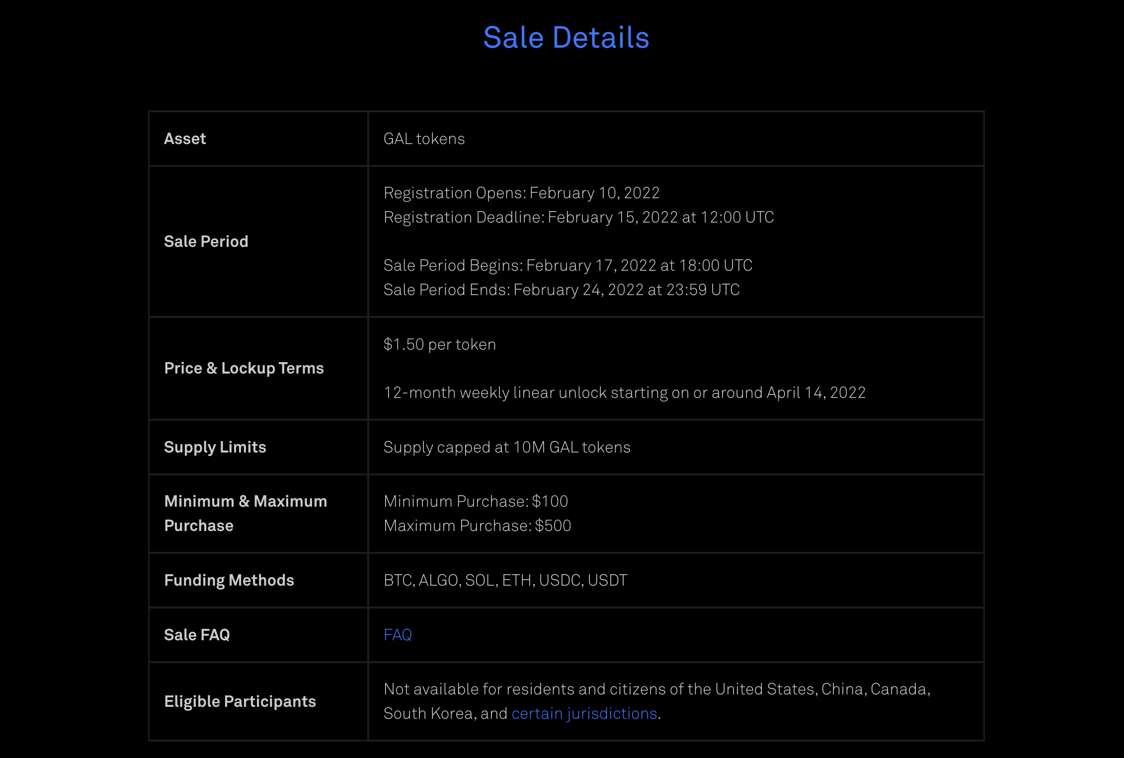 Project Galaxy Sale Info