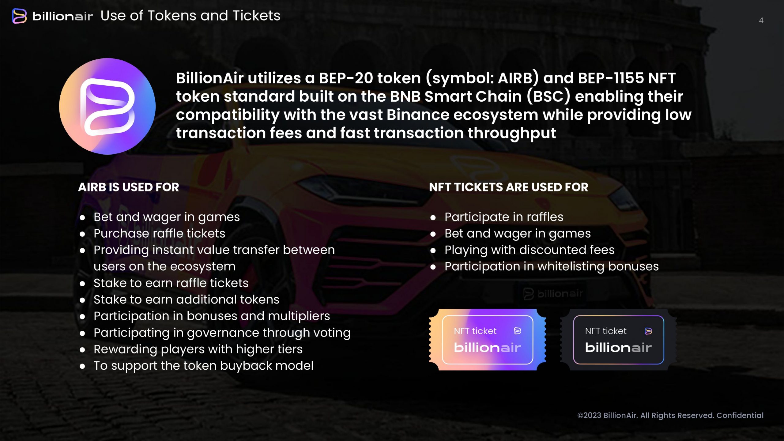 BillionAir Use of Tokens and Tickets