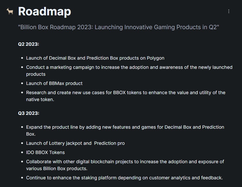 Billion Box Roadmap