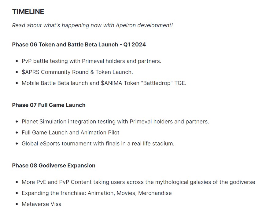 Apeiron Roadmap