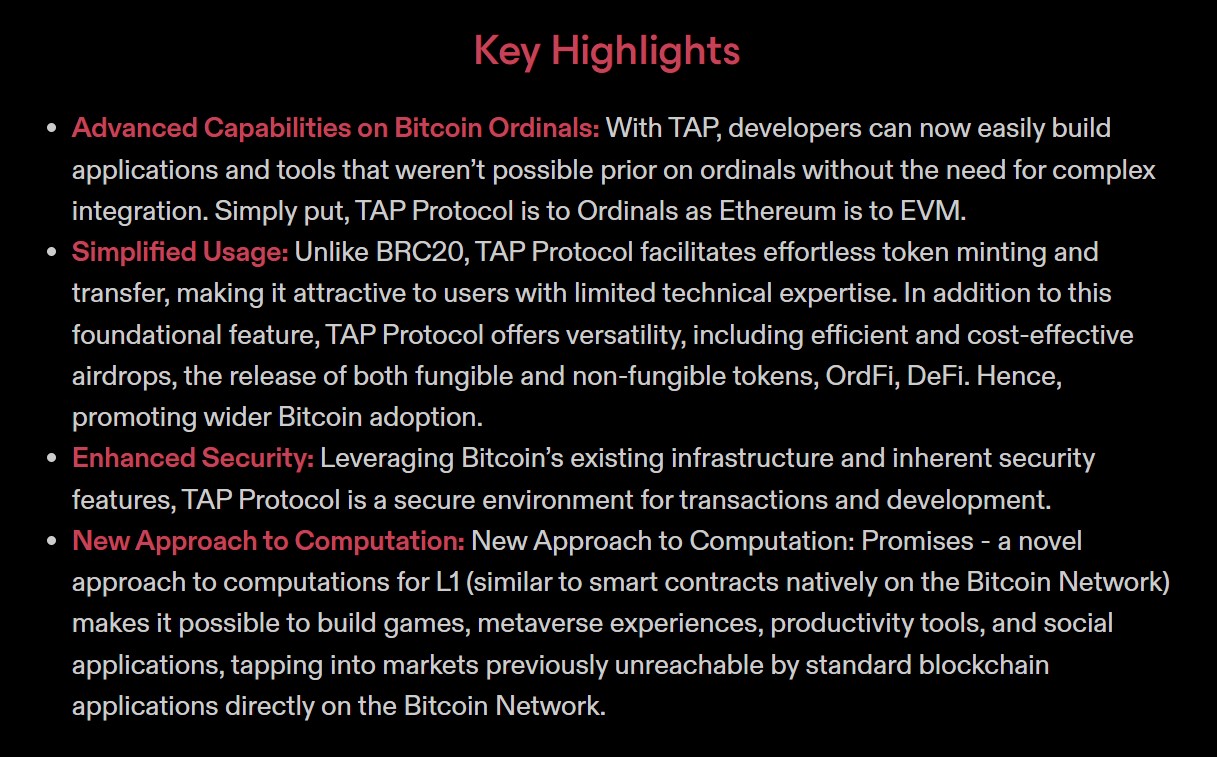 TAP Protocol Key Highlights